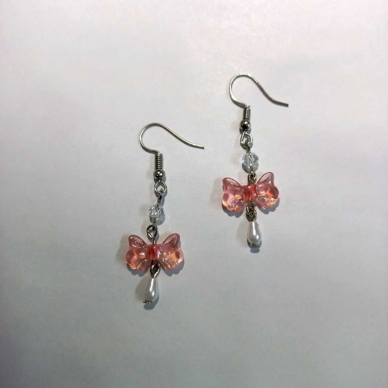 🎀 Handmade Bow Earrings with Drop - Peach 🌸✨