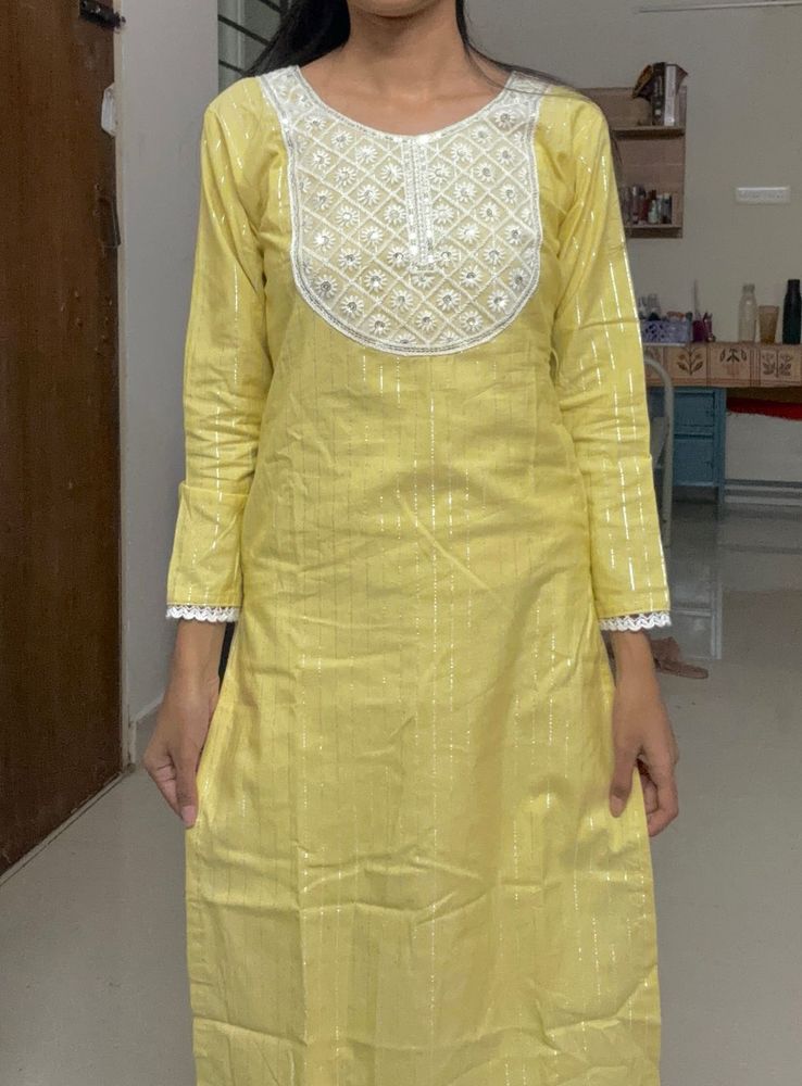Yellow Embroidered Kurti