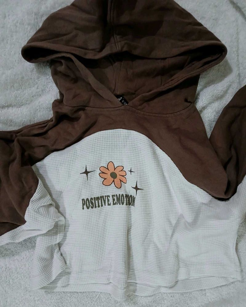 Brown And White Oversized Cropped Hoodie