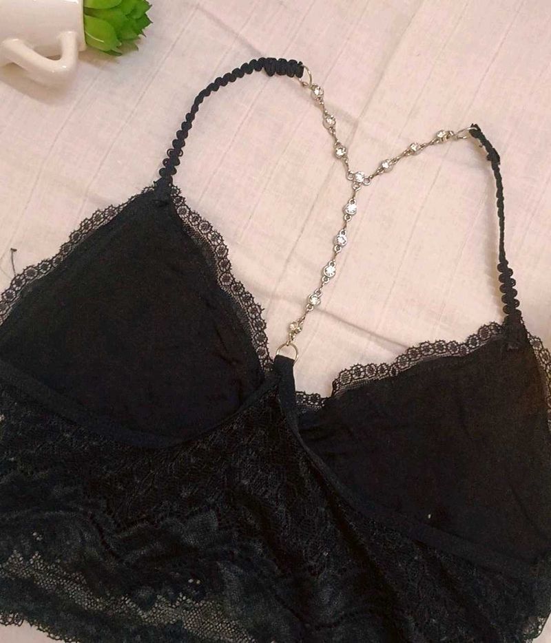 BLACK LACE BRALETTE WITH BEADED BACK