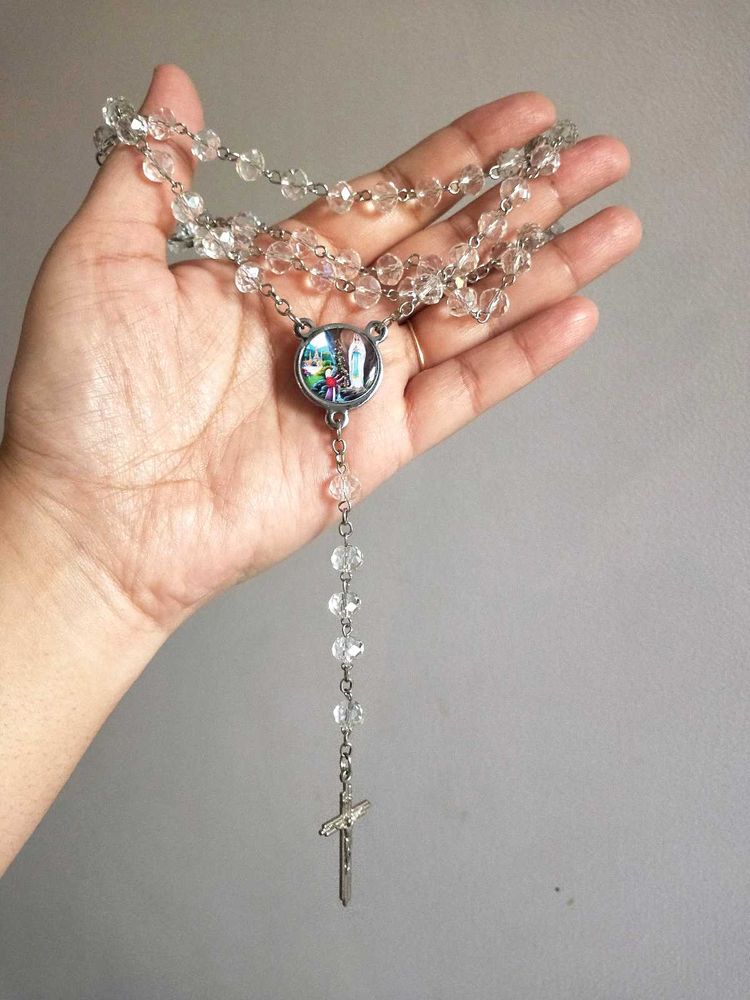 Silver Crystal Rosary Necklace