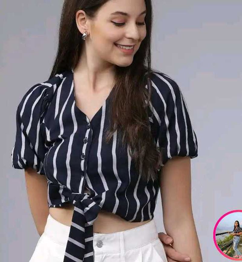 Navy Blue Striped Crop Top