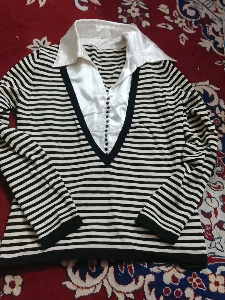 Striped Knit Top with Collar