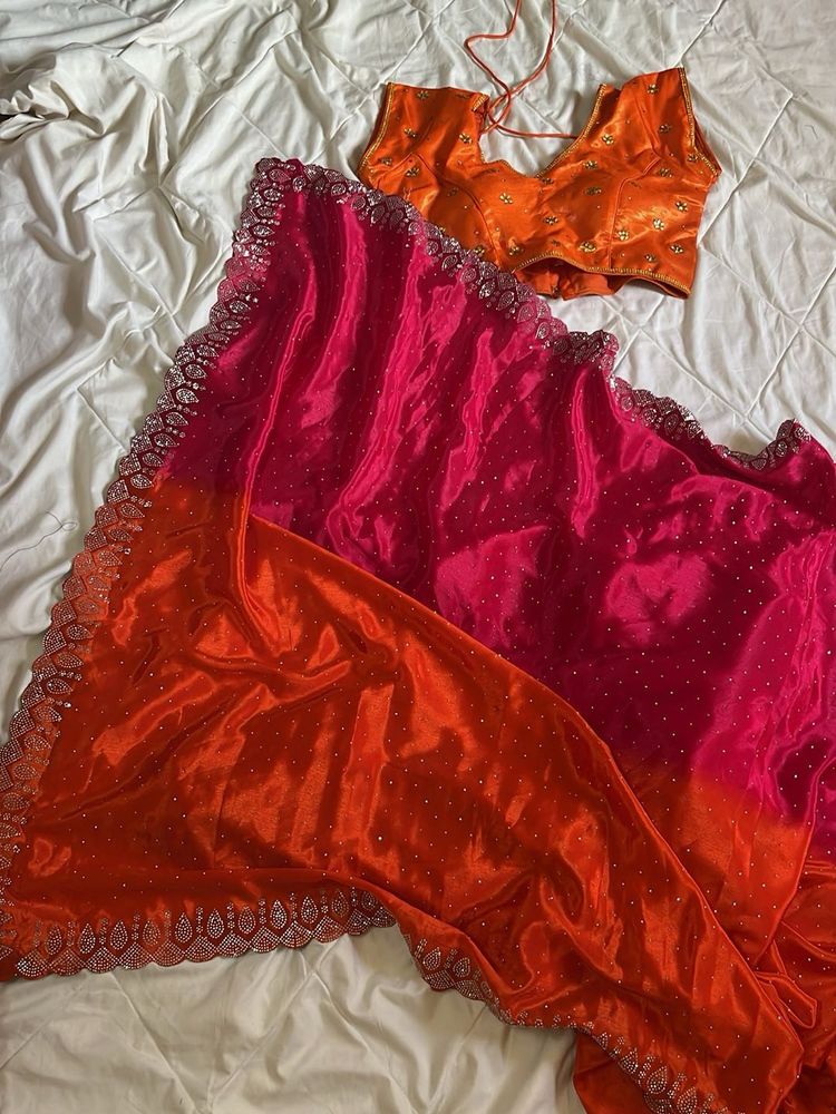 y2k Pink &amp; Orange ombre Saree with beaded Blouse