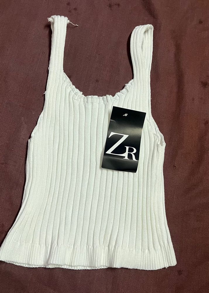 Zara White Ribbed Tank Top Free Size