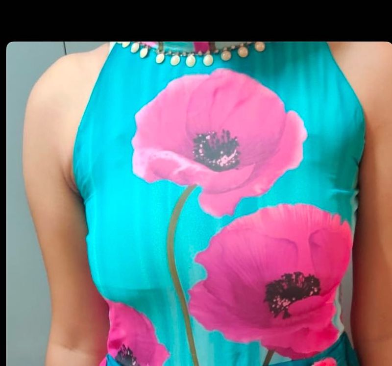 Fabulous Floral Printed Sleeveless Halter NeckGown