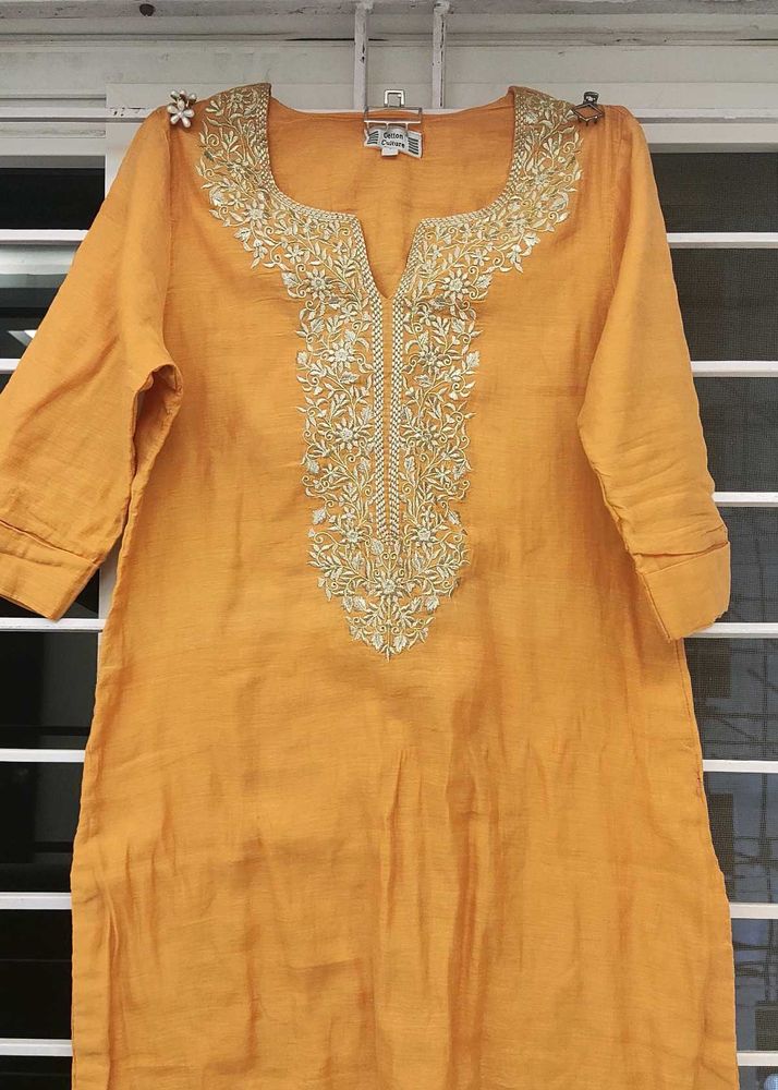 Mustard Yellow Cotton Embroidery Kurthi