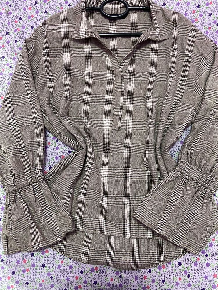 Plaid Blouse with Ruffle Sleeves