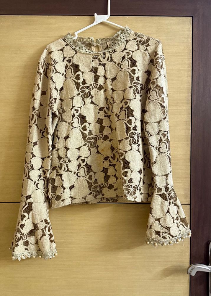 Beige Top With Pearl &amp; Lace Details Styled Sleeves