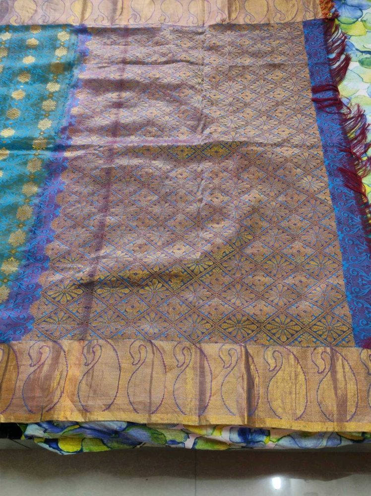 Teal &amp; Gold Silk Saree