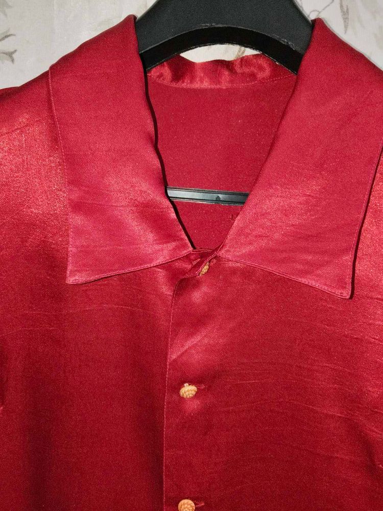 Red Silk Button Down Shirt