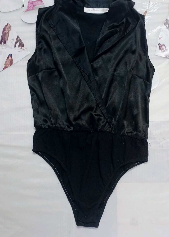 blacksatinbodysuit with a collared, wrap-style Top