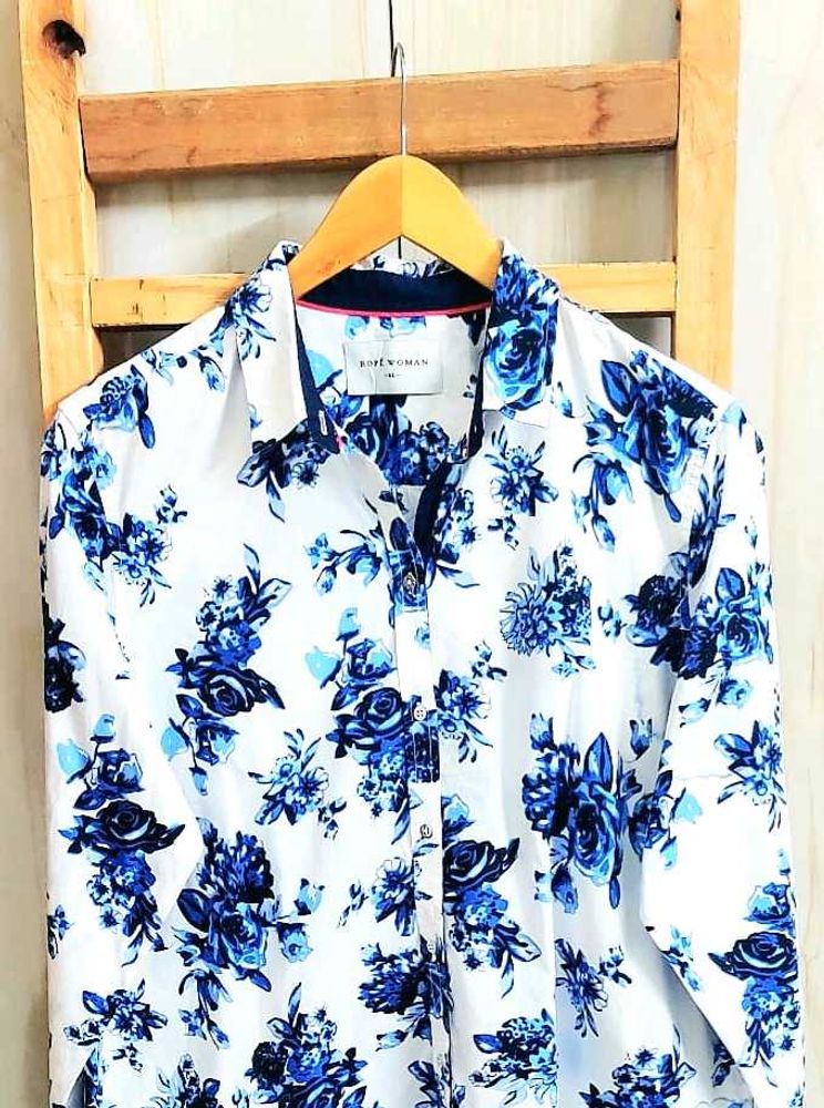 Fine Cotton Blue Printed Shirt Size-40-42