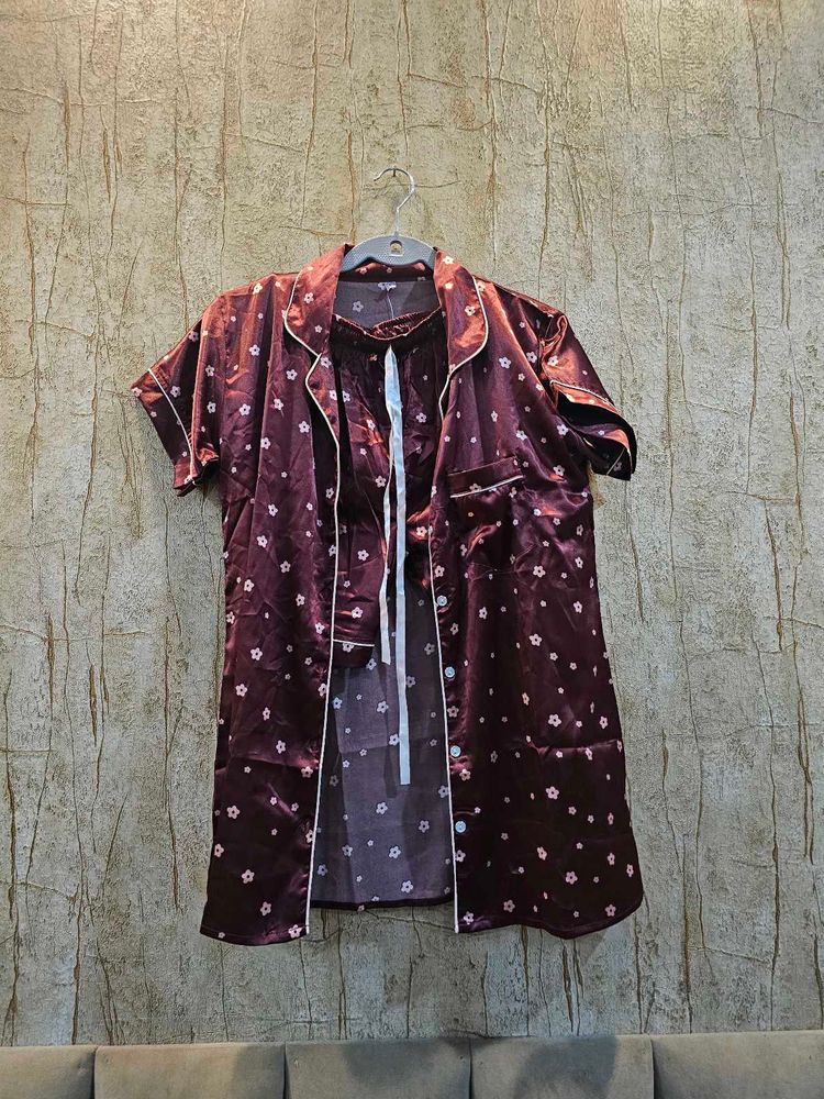 Brand New Satin Night Suit | Maroon Floral | Fits