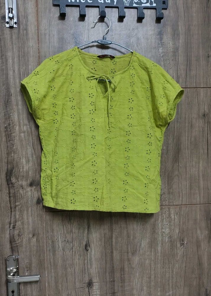 Green Eyelet Tie-Neck Top