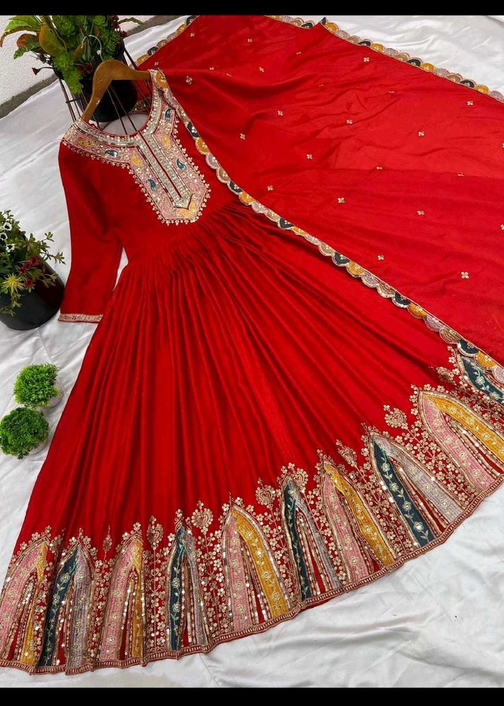 Red Embroidered Anarkali Suit