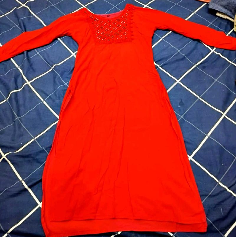 Red Embellished Kurta