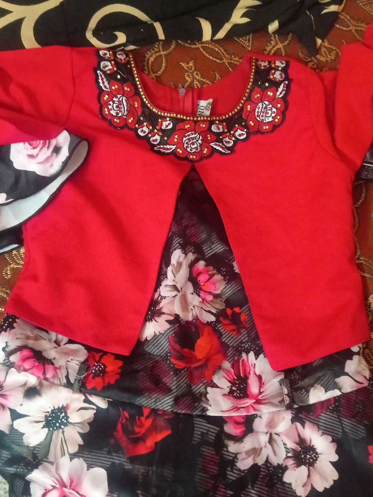 Girls Floral Dress - Red &amp; Black
