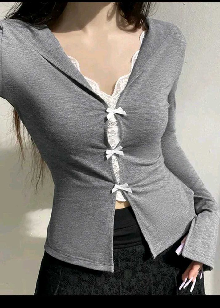 Gray Long Sleeve Top with Bow