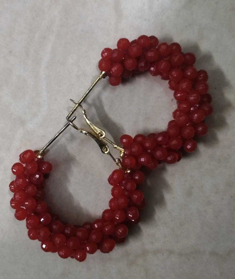Red Beaded Hoop Earrings