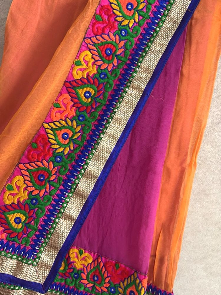 Embroidered Border Orange Pink Ombre Saree