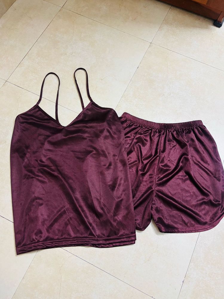 Burgundy Satin Cami &amp; Shorts Set