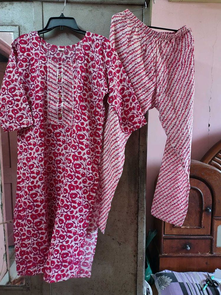 Red Printed Cotton Suit Set