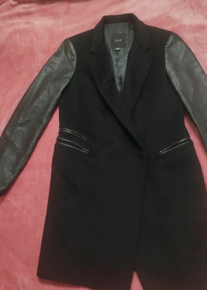 Imported Black Coat Jacket Breasted Faux Leather