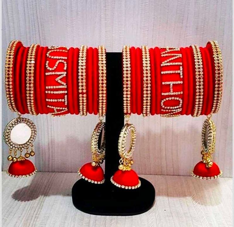 Thread Work Bangles Red Colour With Name Bangle