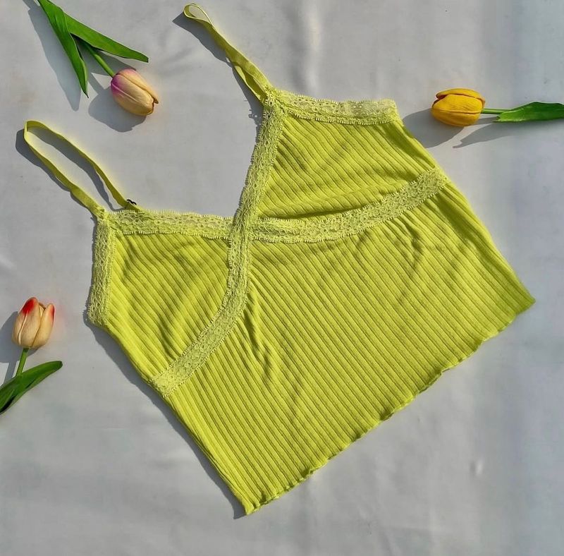 Neon Green Lace Trim Cami Tank Top