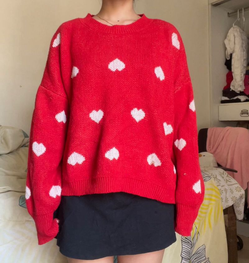 Red Heart Print Sweater