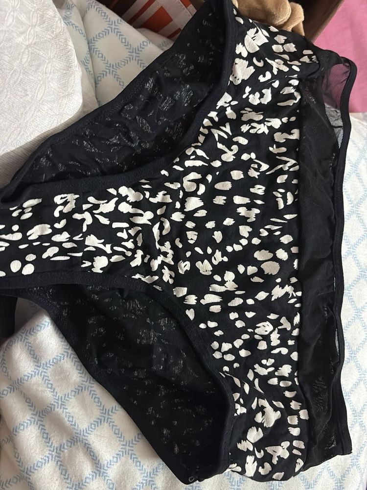 Black &amp; White Print Mesh Trim Panties