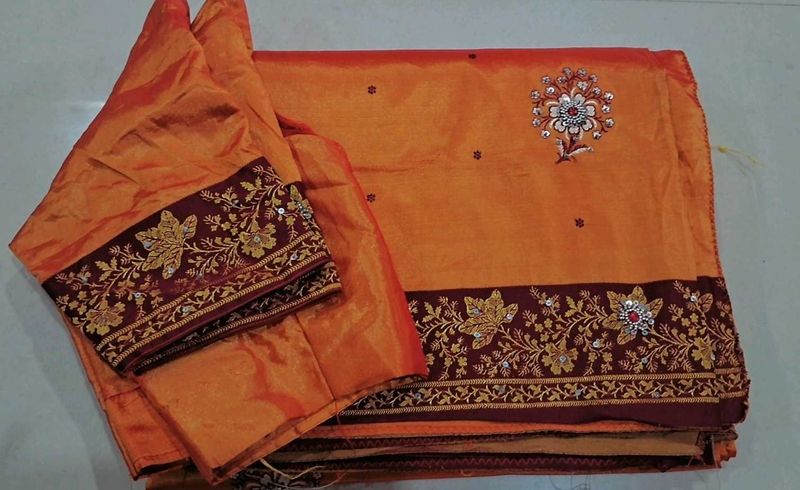 Elegant Orange and maroon  Embroidered Saree