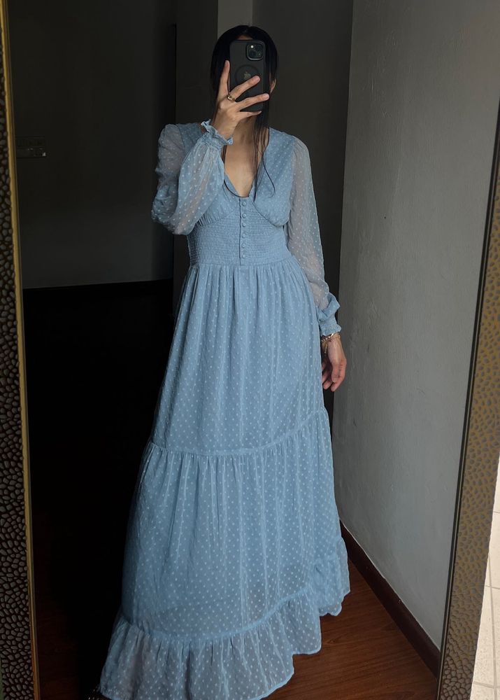 V-neck Powder Blue Maxi with Smocked detailing