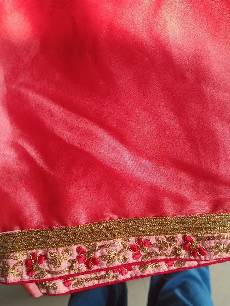 Coral Embroidered Sari Fabric