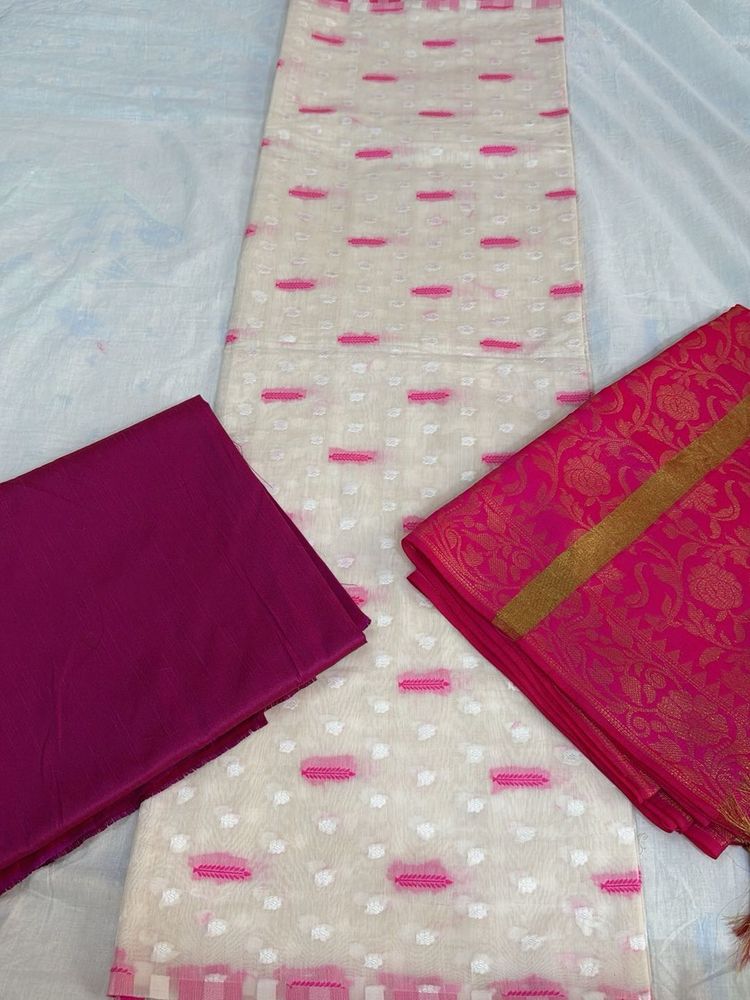 Cream and Bright Pink Banarasi suit