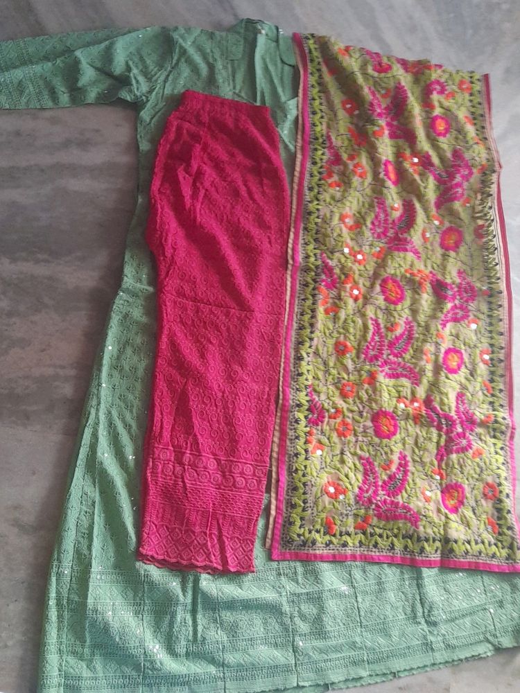 Chikankari Heavy Work Long Dress With Pant Dupatta