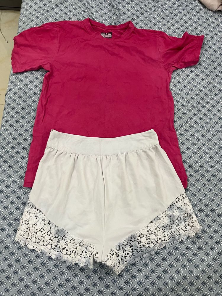Pink T Shirt With White Shorts