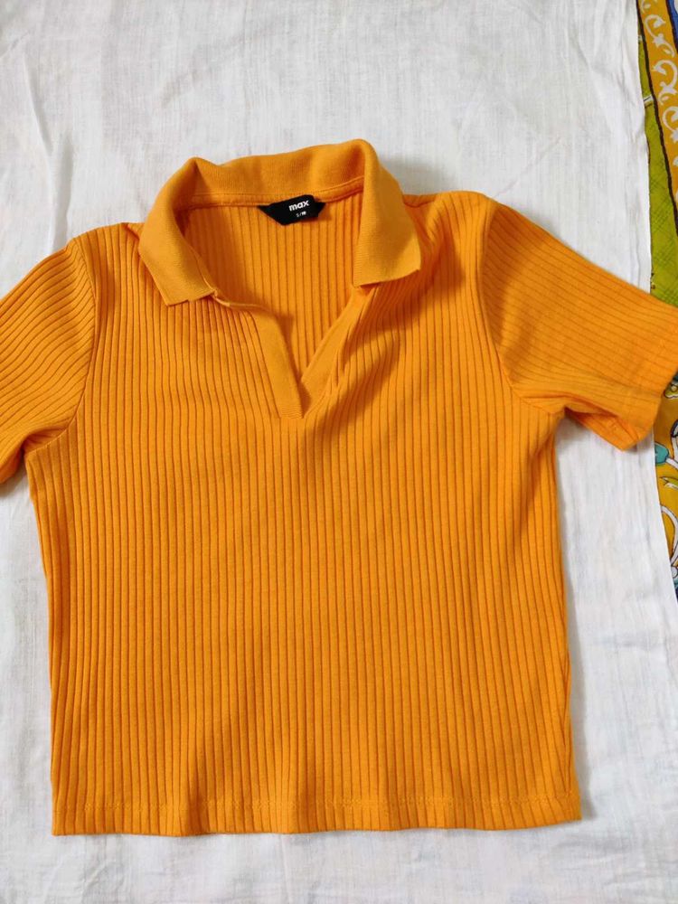 Orange Ribbed Polo Crop Top