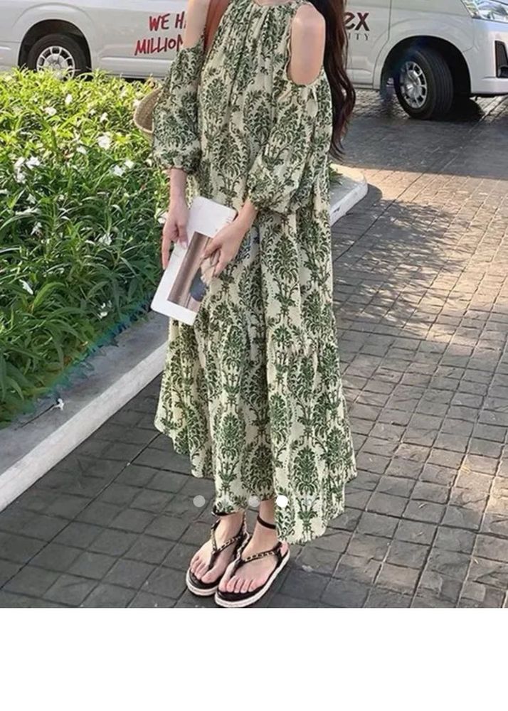 One-Size Elegant Green Print Off-Shoulder Dress