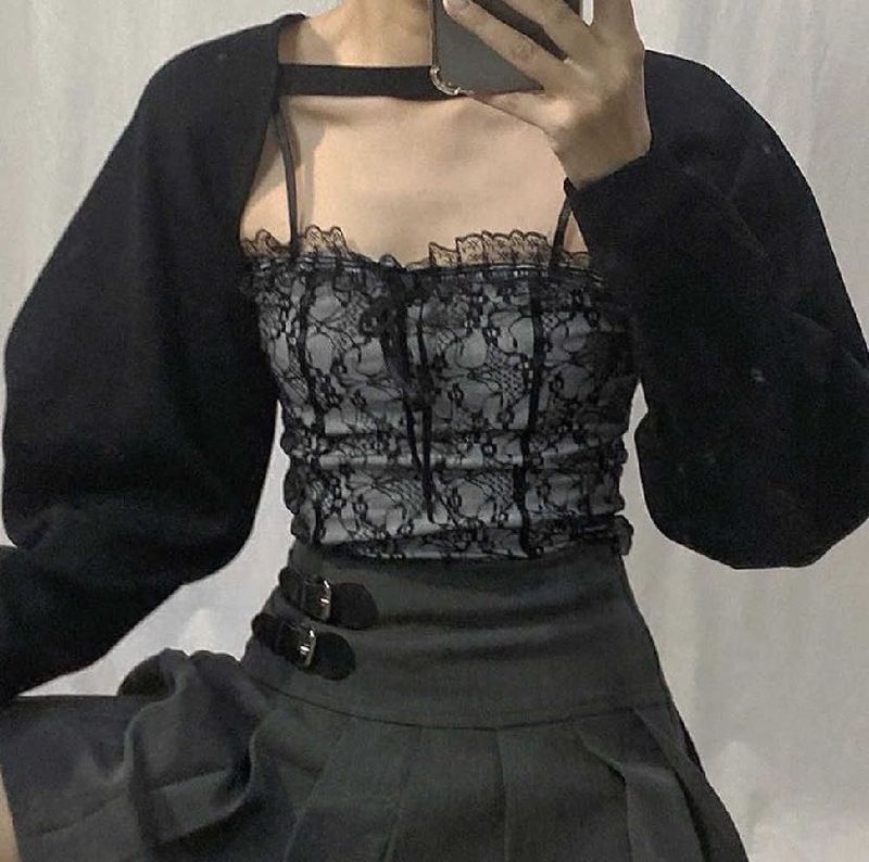 Y2K Black Floral Lace Top Ruffles Sexy Tank
