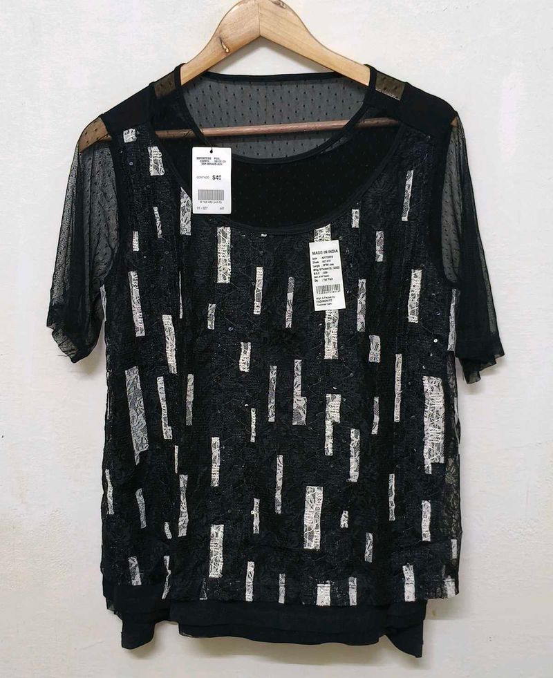 Trendy New Black Sheer Embellished Top