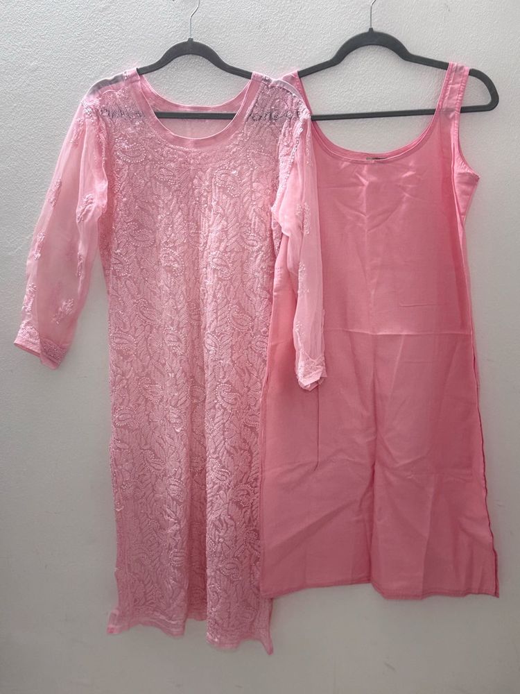 Pink Chikan Kurta With Inner
