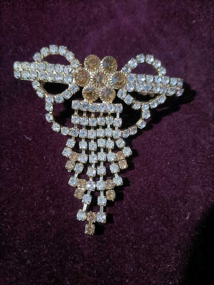 Rhinestone Bow Brooch with Dangles