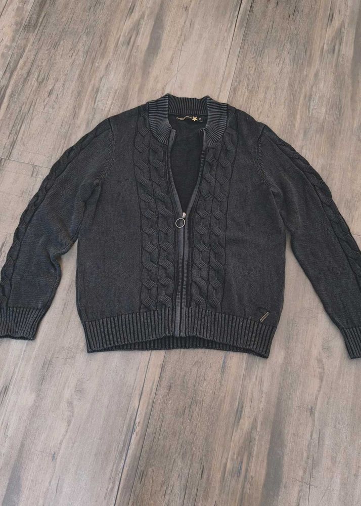 Gray Cable Knit Zip Cardigan