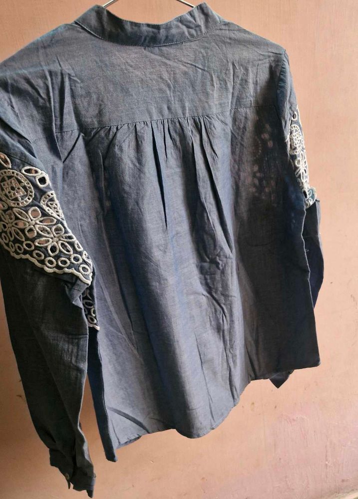 Embroidered Yoke &amp; Sleeve Grey Shirt Top