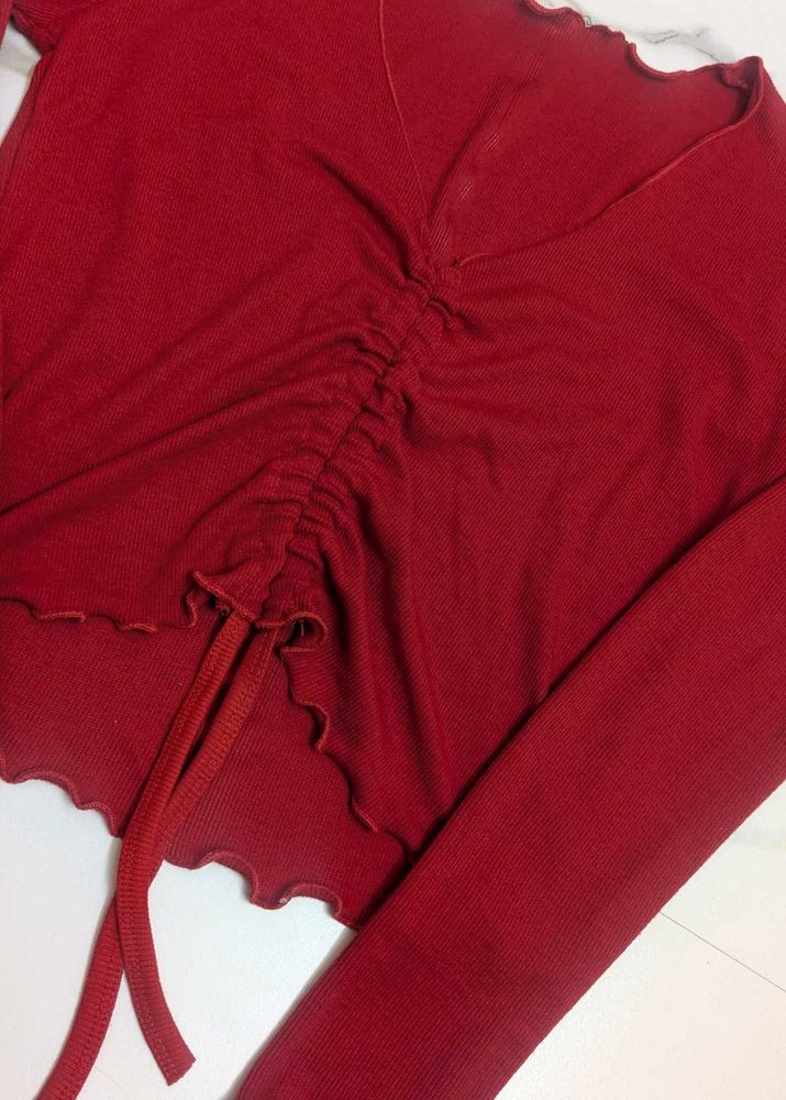 Red Ruched Long Sleeve Top