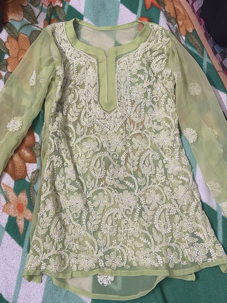 Price Drop Elegant Green Lucknowi Kurta chikankari