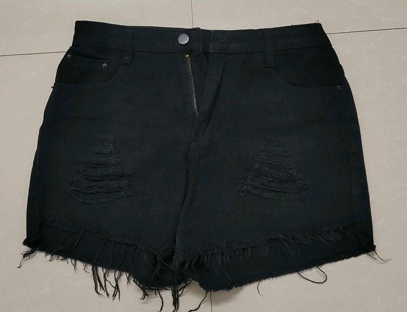 Distressed Black Denim Shorts