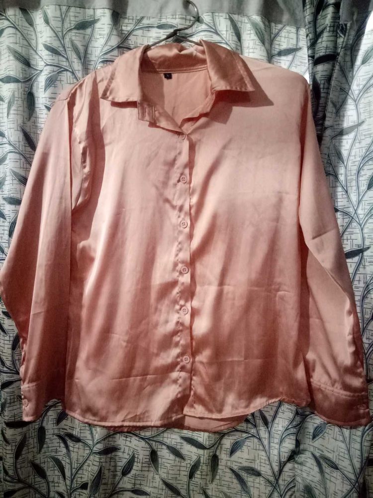 Peach Satin Button-Down Shirt